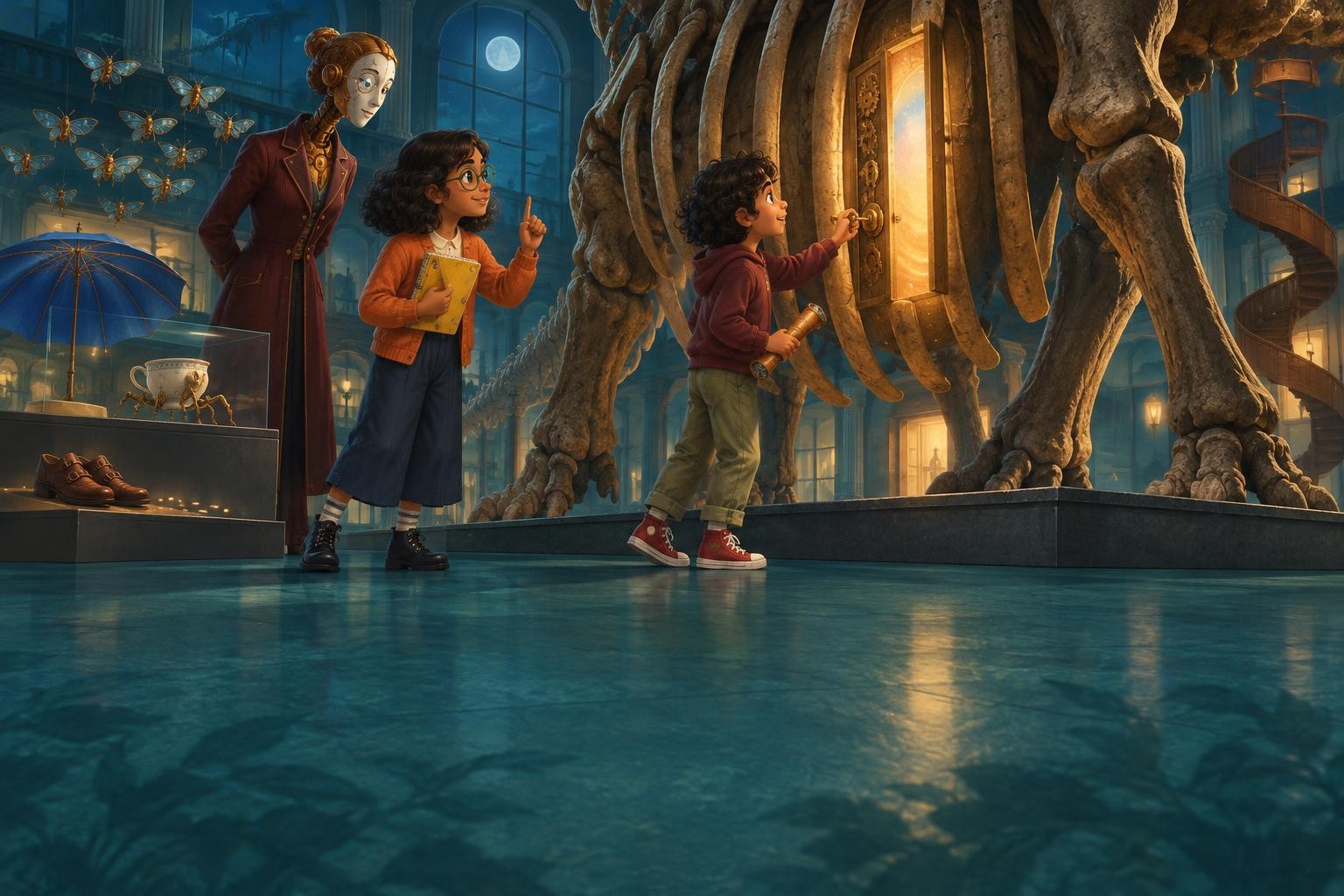 Ravi unlocks a hidden midnight door behind a dinosaur while Ada prepares her notebook.