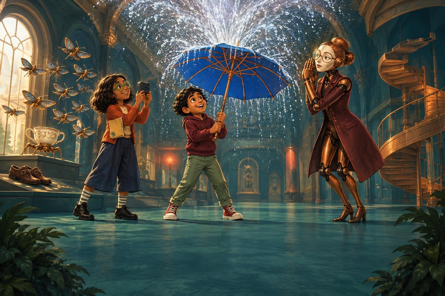 A cobalt umbrella sprays rain upward to the museum ceiling while Ada observes.