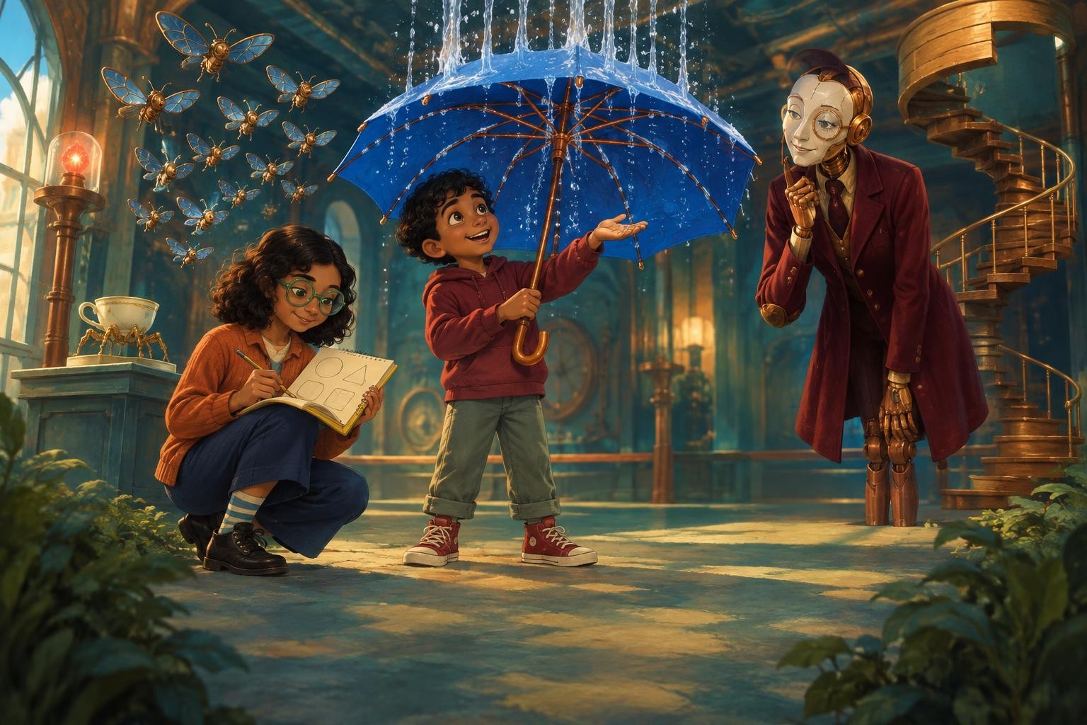 Ravi discovers the floor stays dry beneath the umbrella even while water flies upward.