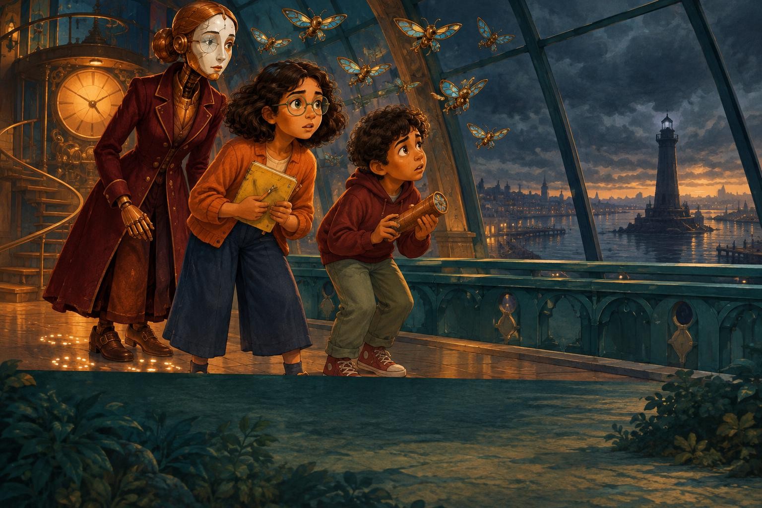 The harbor beacon goes dark beyond the museum roof as Oona and the siblings react.