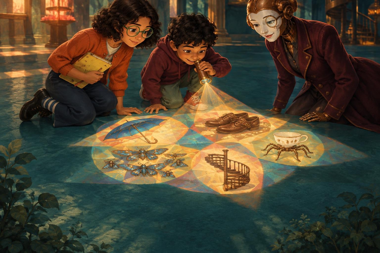 Ada and Ravi arrange sketches of all five flawed inventions and see how their jobs could connect.