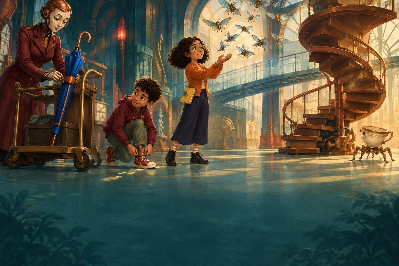 Oona and the siblings prepare the umbrella, shoes, moths, teacup, and moving staircase together.