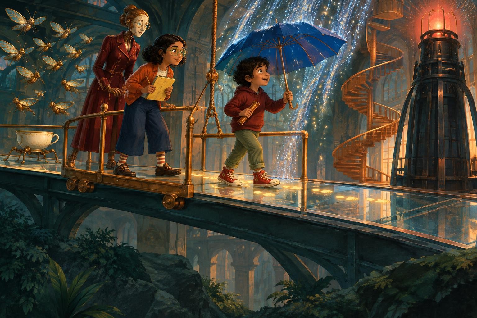 Ravi follows glowing footprints under the upward-rain umbrella until the trail stops beside the dark beacon.