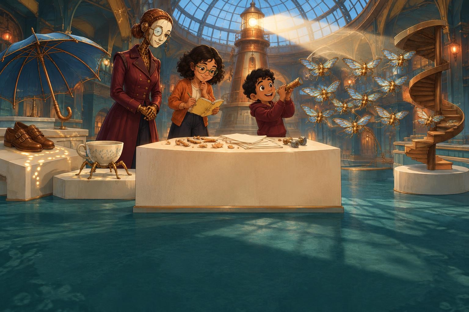 Ada, Ravi, Oona, and the five inventions gather around a welcoming empty museum plinth.