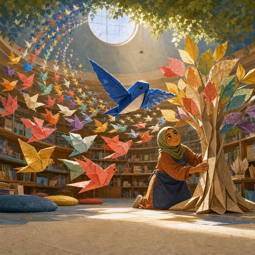 Biru leads a colorful flock of paper birds through a library studio.