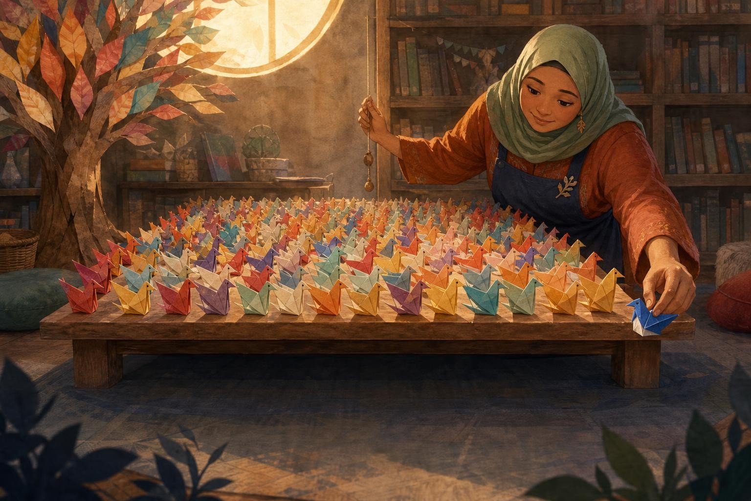 Ms. Hana adds Biru, the hundredth paper bird, to rows of colorful birds.