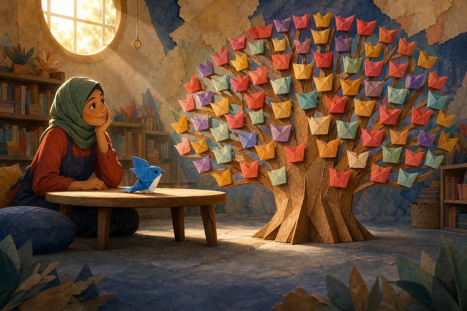 Biru looks toward a floor-standing paper tree with one hundred empty pockets.