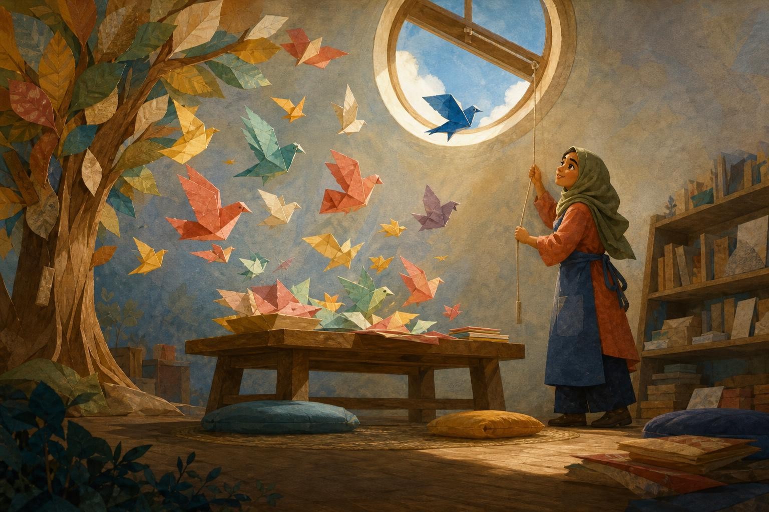 A gentle breeze lifts the paper birds while Ms. Hana closes the high window.