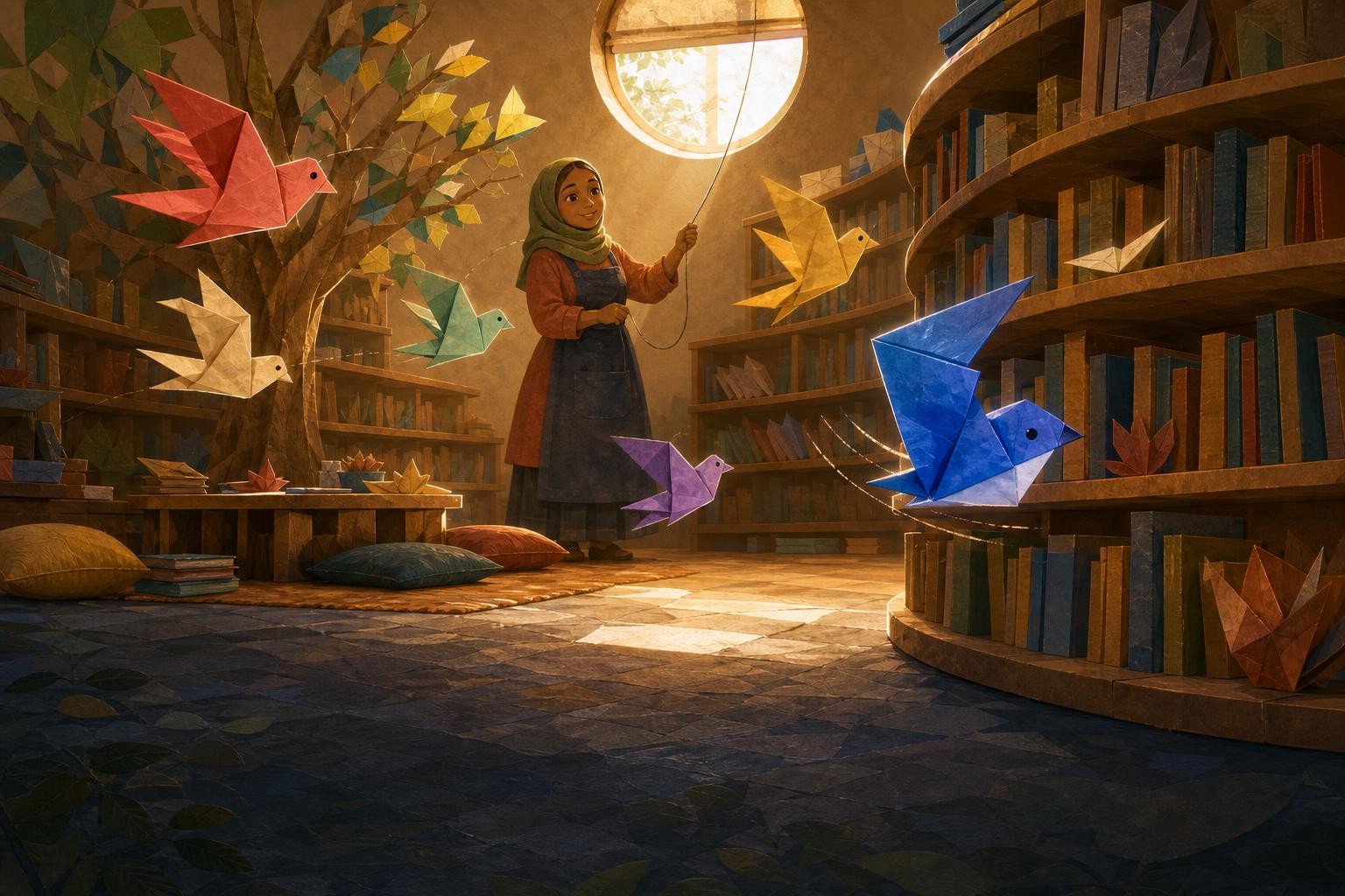 Biru turns between library shelves while differently folded birds follow varied paths.