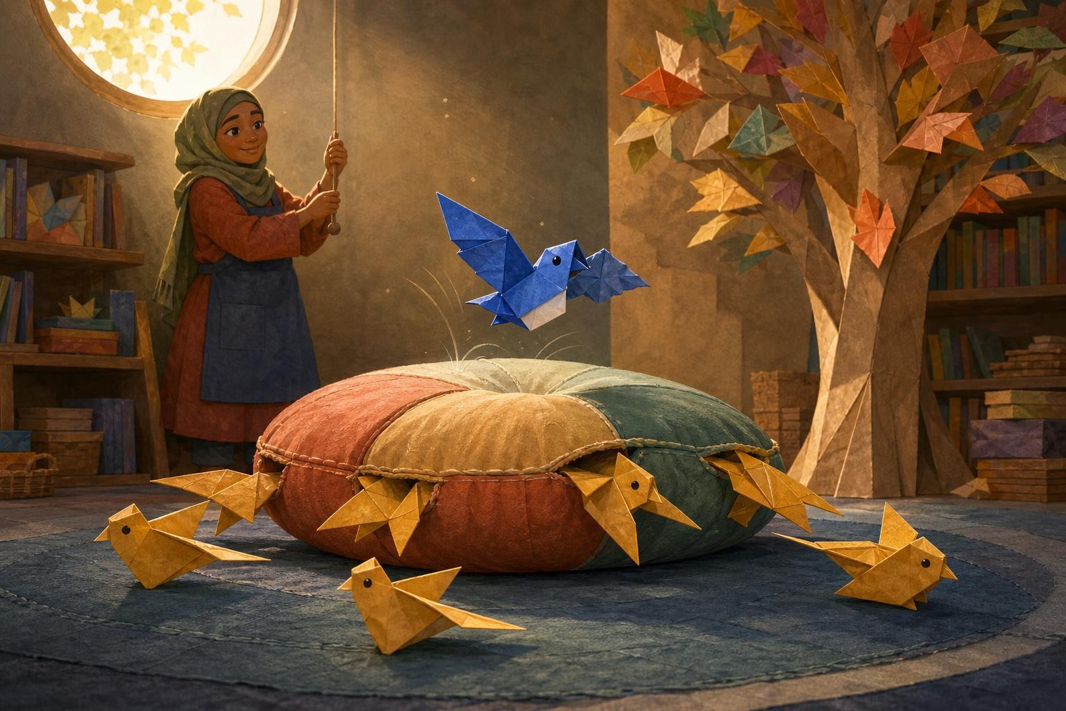 Biru helps six saffron paper birds free themselves from soft cushions.