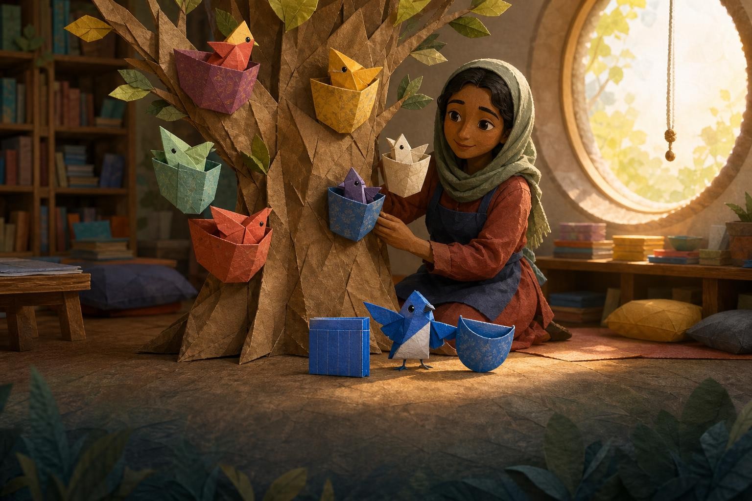 The paper flock chooses differently shaped pockets on the display tree.