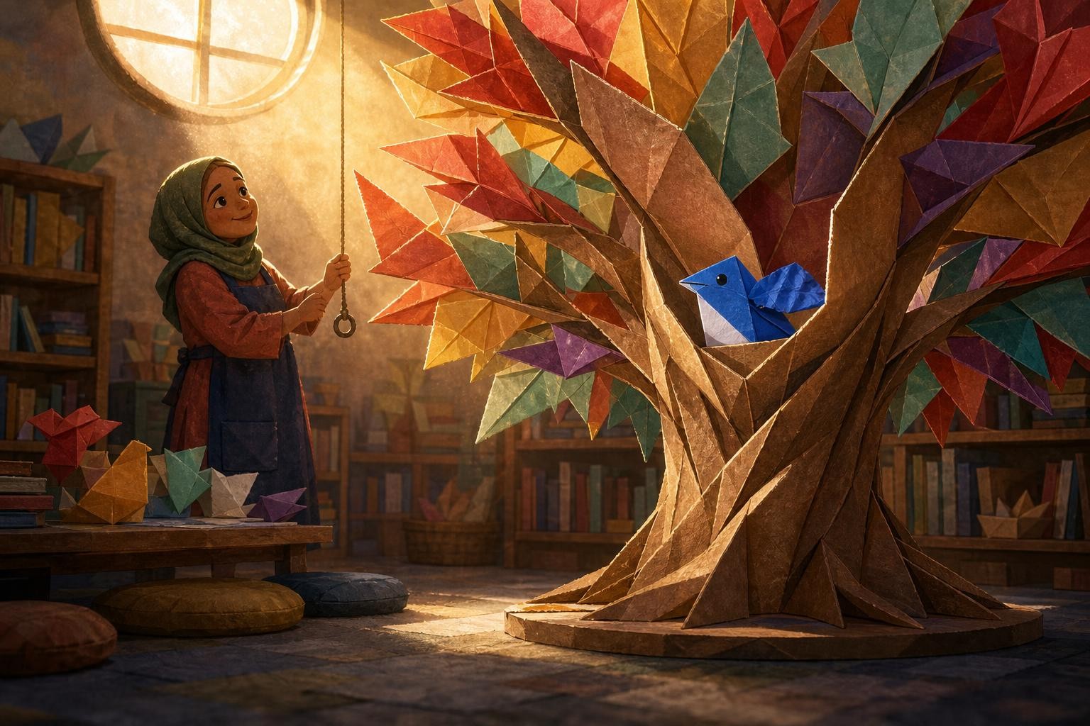 Biru’s crumpled wing catches a crescent of light from the round window.