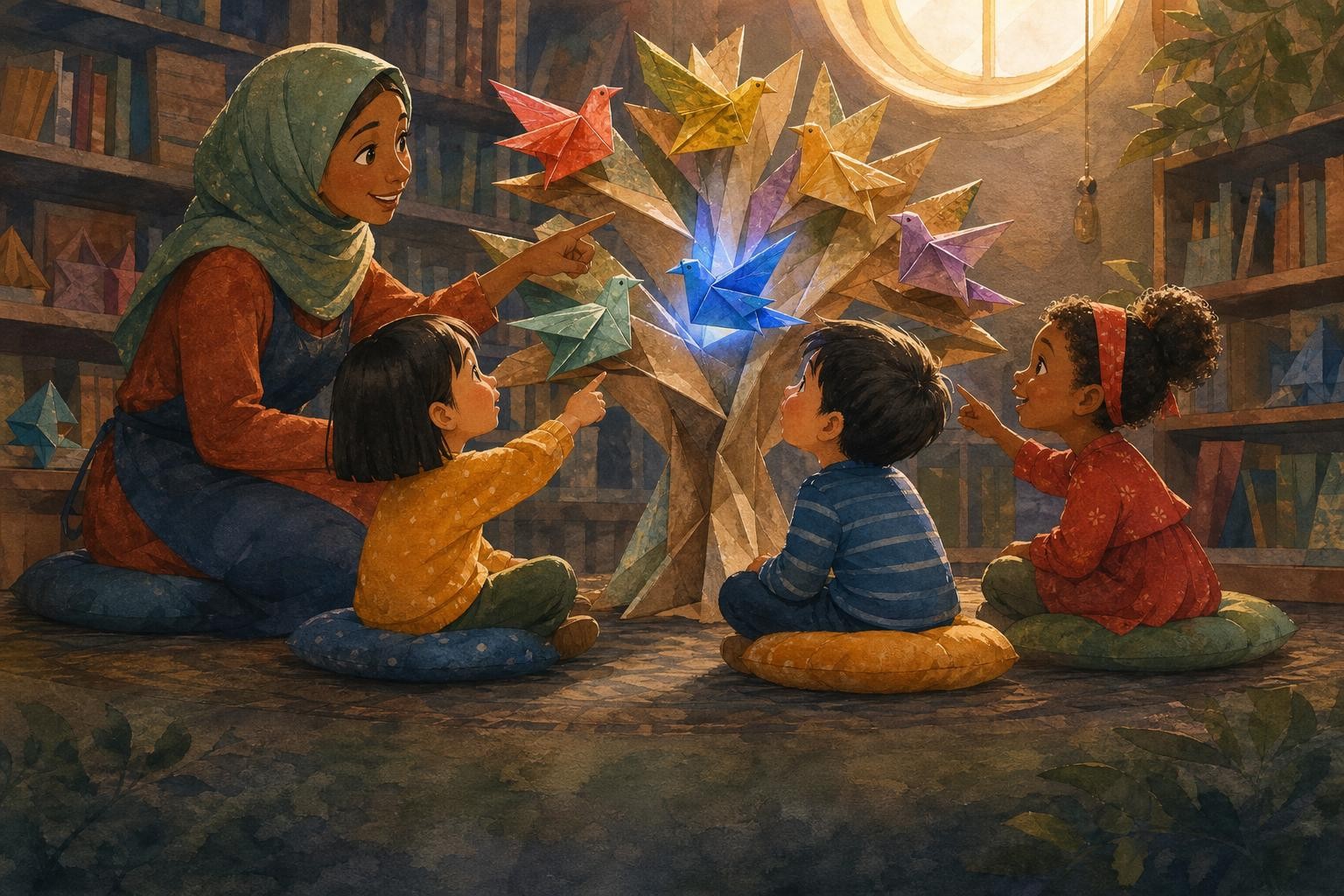 Children and Ms. Hana admire one hundred differently folded paper birds.