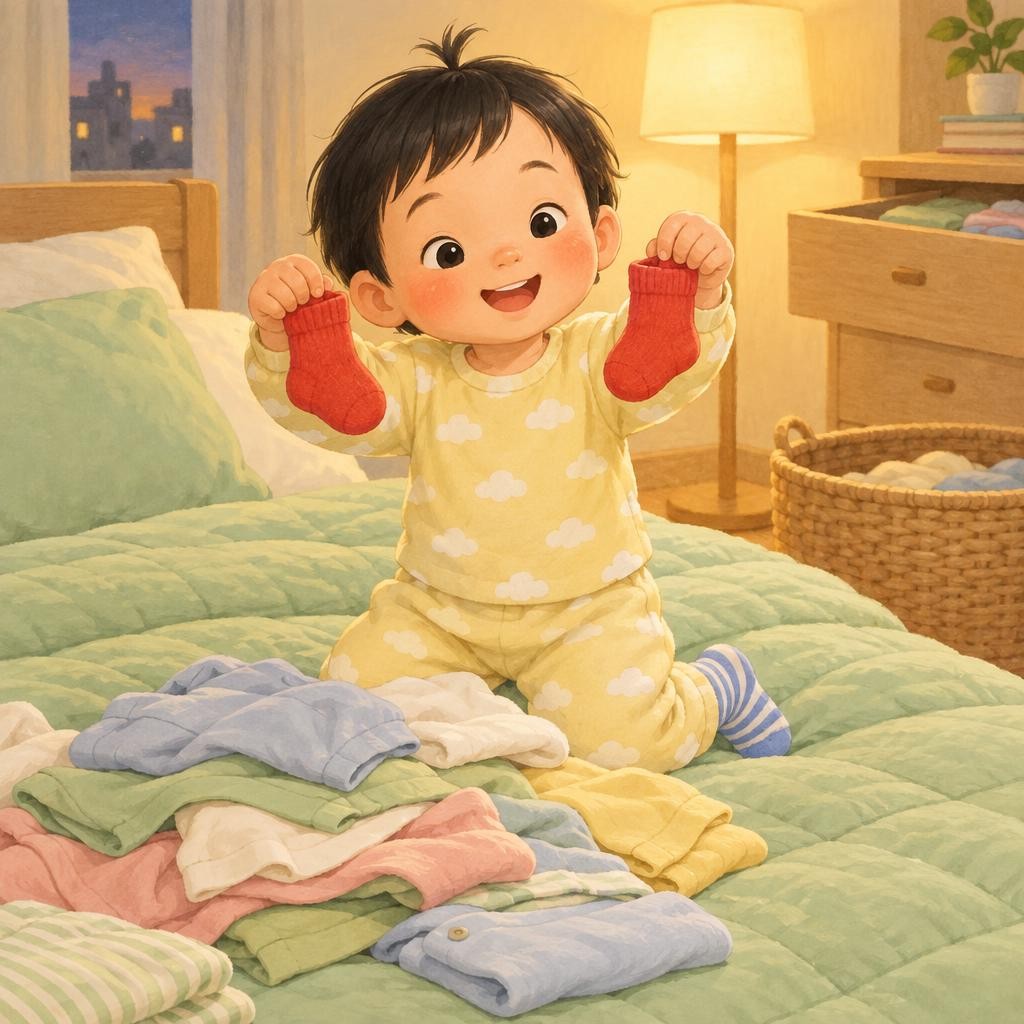 红袜子，红袜子，你在哪儿？豆豆翻呀翻。找到啦！一只红袜子。又一只红袜子。手拉手，一对啦！