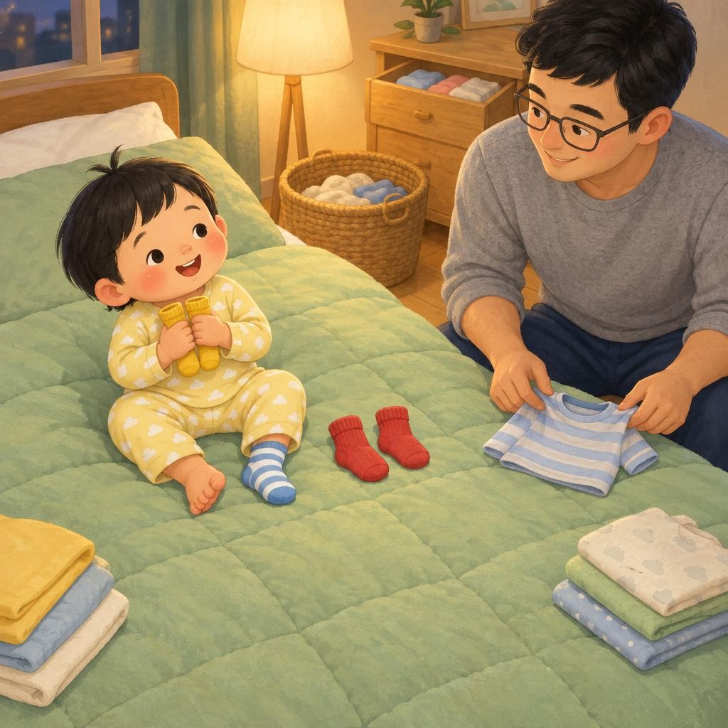 黄袜子，黄袜子，你在哪儿？豆豆找呀找。找到啦！一只黄袜子。又一只黄袜子。抱一抱，一对啦！