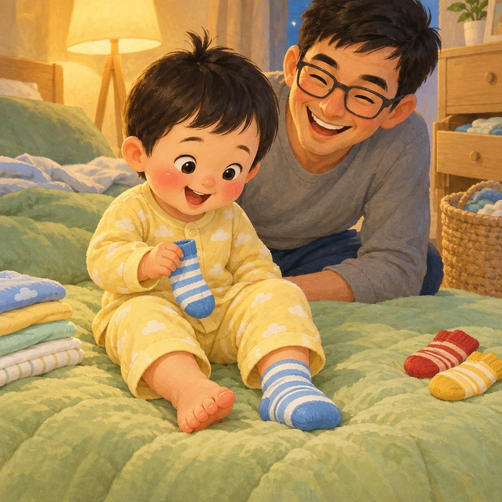咦，豆豆的脚丫痒痒的。低头一看，小条纹袜子在这儿！原来，它就穿在豆豆的脚上。爸爸哈哈笑，豆豆咯咯笑。脱下来，放一起。条纹袜子，一对啦！