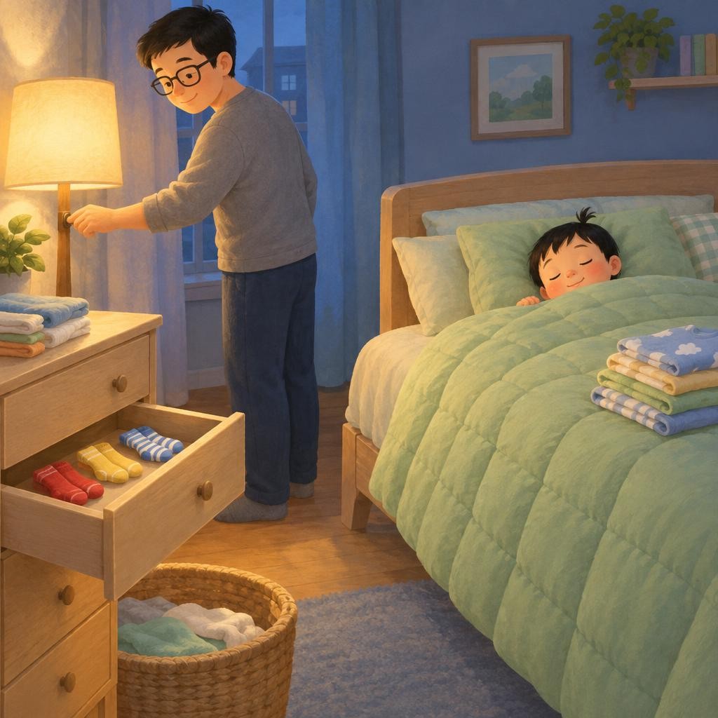 红袜子，黄袜子，条纹袜子，一对一对，躺进抽屉里。袜子睡觉啦。豆豆也钻进小被子里。晚安，袜子。晚安，豆豆。