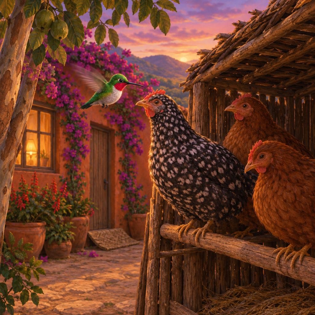 Zum llegó volando al corral. Las gallinas estaban subiendo a su palo, una por una, para dormir. —¿Ya se van a dormir? —preguntó Zum. —Sí, Zum —dijo la gallina pinta—. Cuando se va 