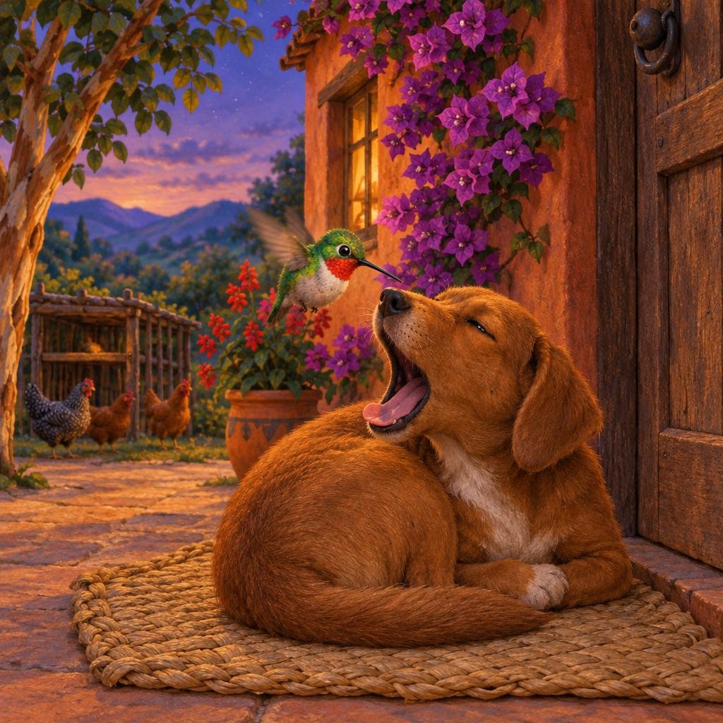 Junto a la puerta de la casa estaba Canelo, el perro, sobre su petate. Canelo dio una vuelta, dos vueltas, tres vueltas… y se acostó hecho bolita. —¿Tú también te vas a dormir? —le