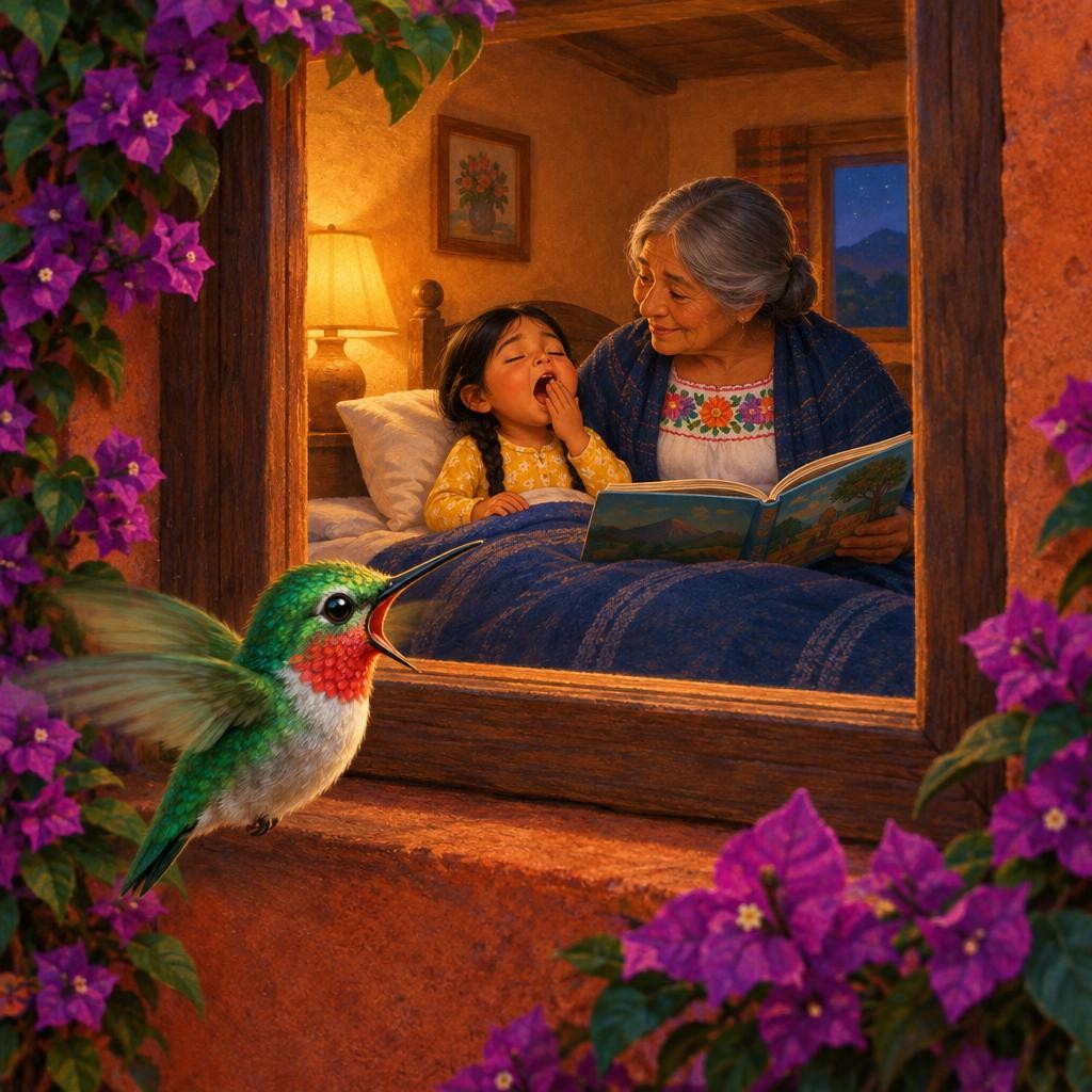Zum se asomó a la ventana. Adentro, una niña llamada Ximena ya tenía puesta su pijama, y su abuelita le contaba un cuento. De pronto, Ximena abrió la boca muy grande: ¡aaaah! Era u