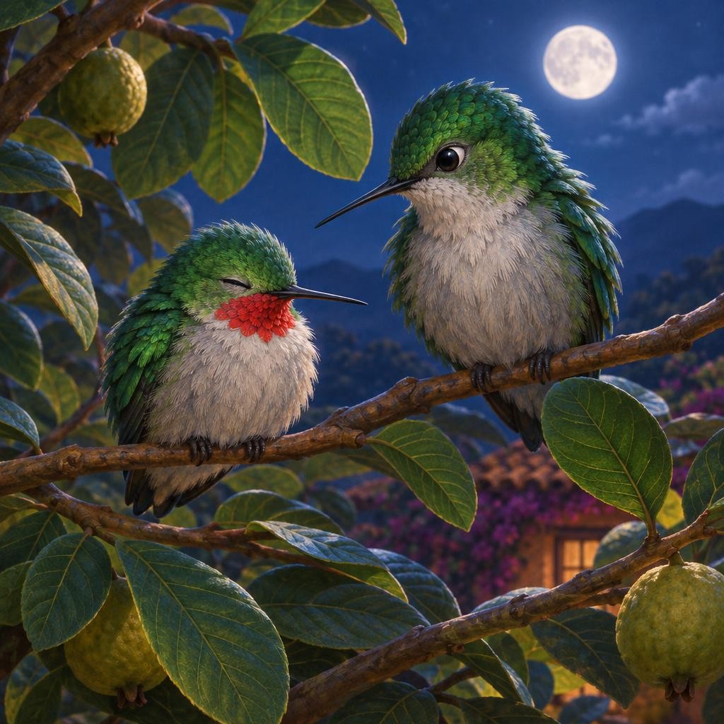 Mamá colibrí lo esperaba en una ramita del guayabo. —Ven, Zum. Así dormimos los colibríes —le dijo—. Te agarras fuerte de una ramita con tus patitas. Esponjas tus plumas, como si f