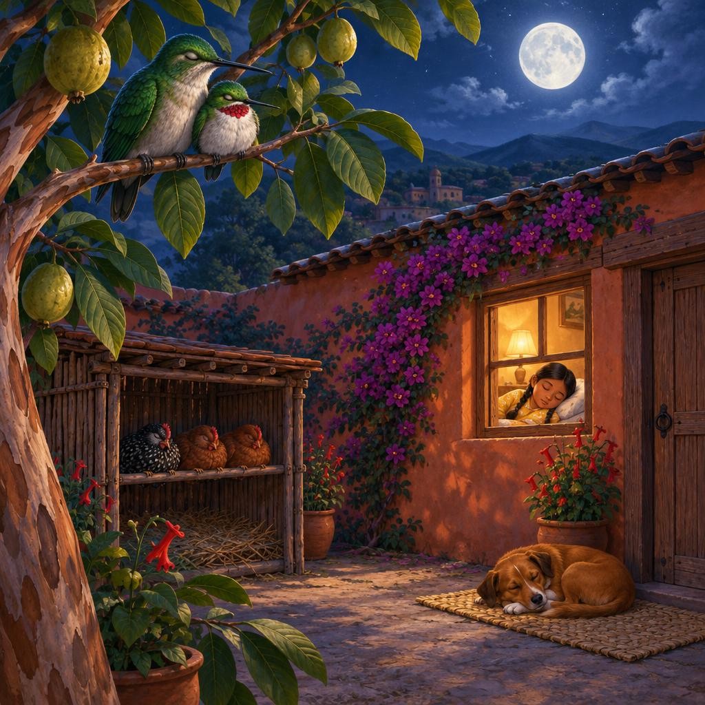 Salió la luna sobre el jardín. Las gallinas dormían en su palo. Canelo dormía en su petate. Ximena dormía en su cama. Y Zum dormía agarradito de su ramita, tan quieto y tan profund