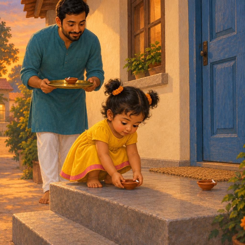Tara carries one diya. Slow, slow, slow. She puts it by the front door. "One!" She carries the next diya to the step. Pat, pat. "Two!" Just right.