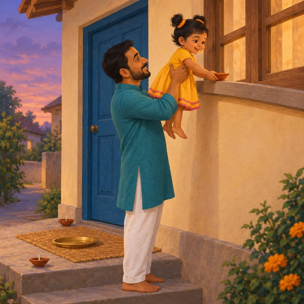 Where does the last diya go? Up, up, on the window! Papa lifts Tara high. She sets it down very gently. "Three!"