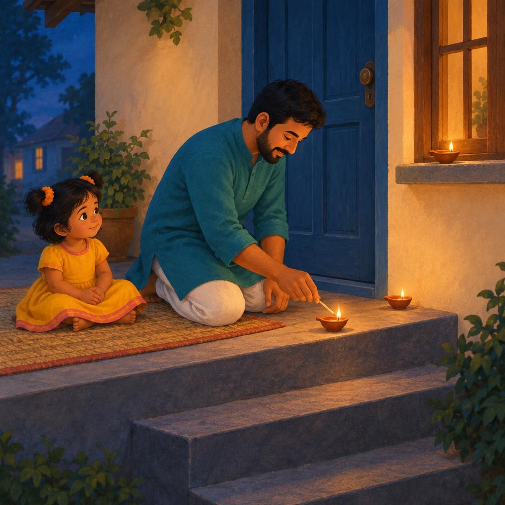 Now it's Papa's turn. Lighting diyas is a grown-up job. Tara sits on the mat with her hands in her lap, and she watches. One little flame. Two little flames. Three little flames. G