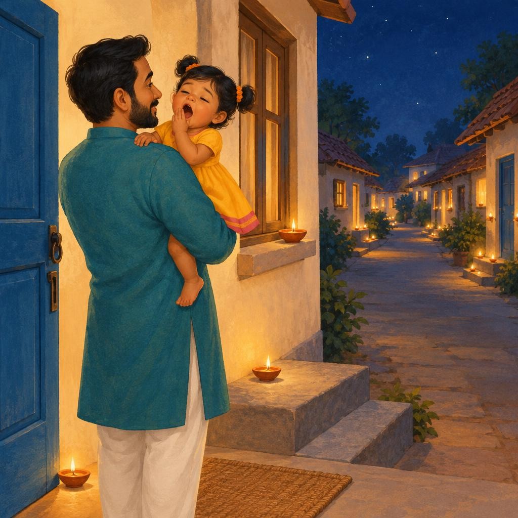 Tara looks out from Papa's arms. A diya glows at every house! Lights by the doors. Lights on the steps. Lights in the windows. "One, two, three… so many!" Tara gives a big, sleepy