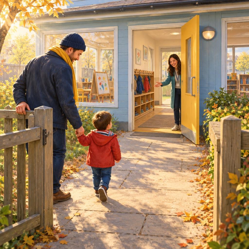 My name is Sam. In the morning, my dad walks me to nursery. We walk up the path and open the little gate.