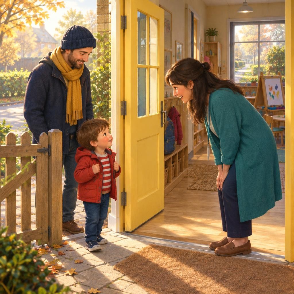 We stop at the big yellow door. My teacher is there to say hello. She smiles and says, "Good morning, Sam."