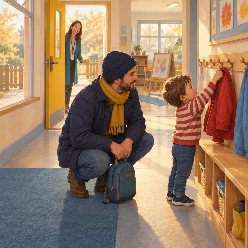 Inside, I hang my jacket on my hook. I put my bag in my cubby. Dad helps me if I need it.