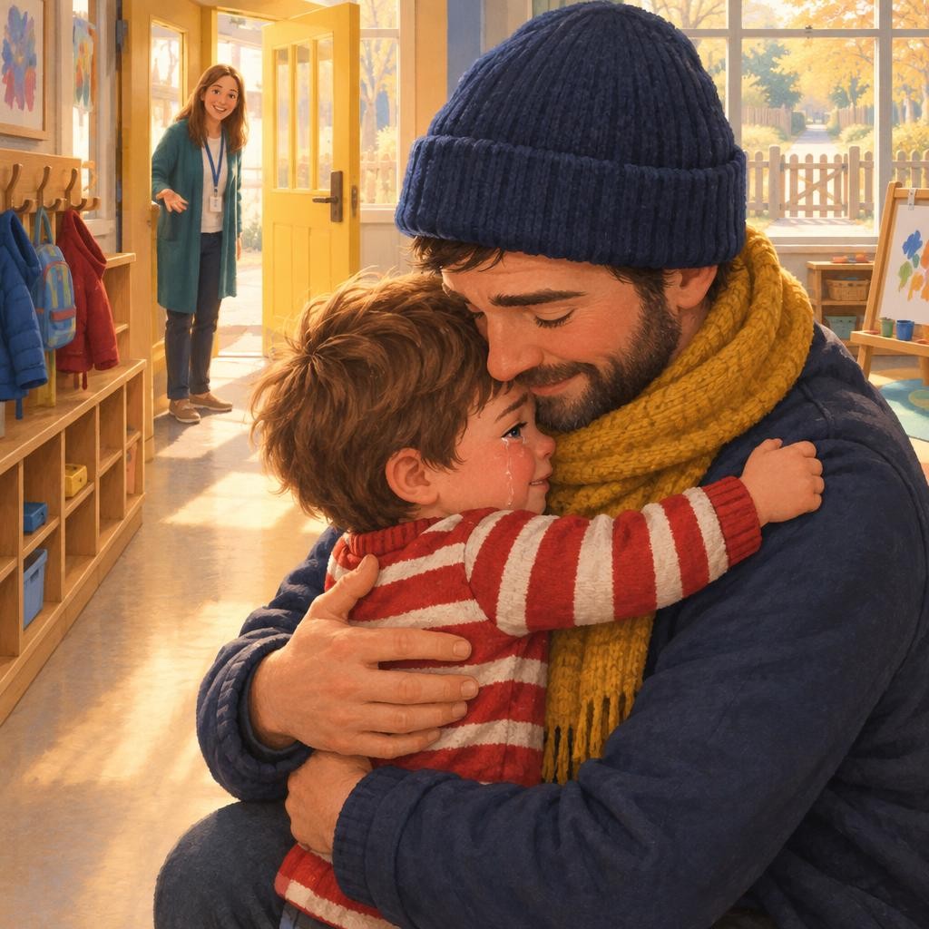 Then Dad says goodbye. Sometimes I feel sad, and I cry. Many children feel sad when their grown-up goes. It is okay to feel sad. I can try a big hug and one slow, deep breath.