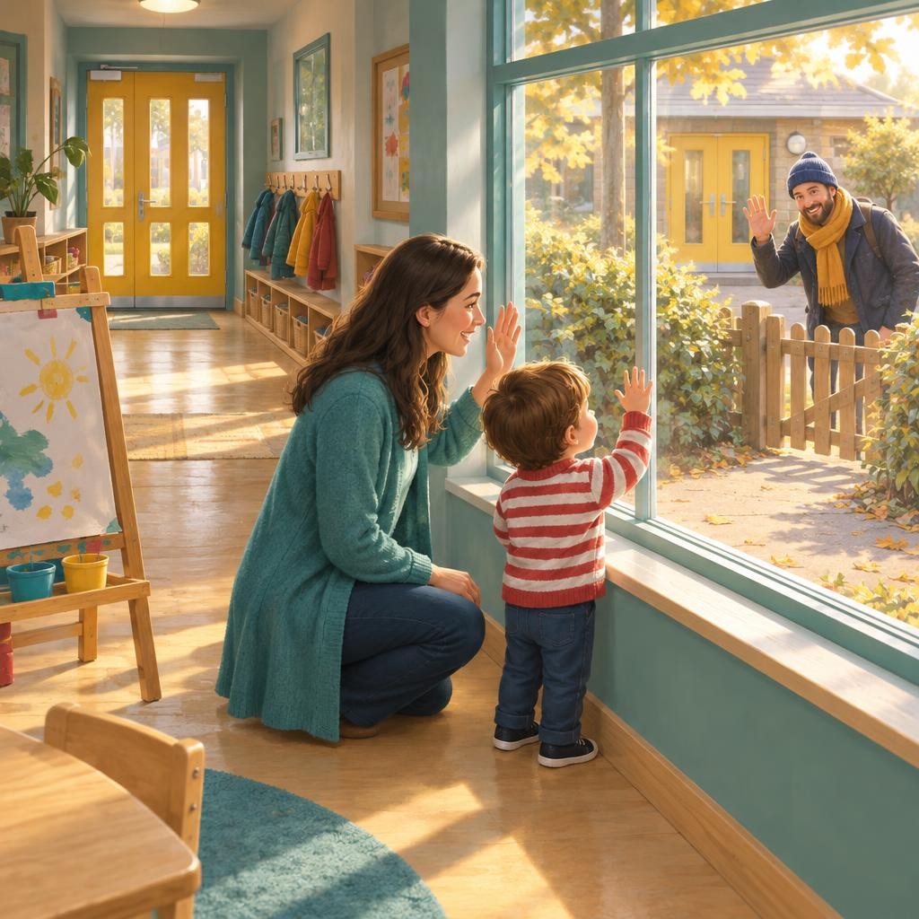 My teacher stays with me. We go to the window. I wave, and Dad waves back from the path.