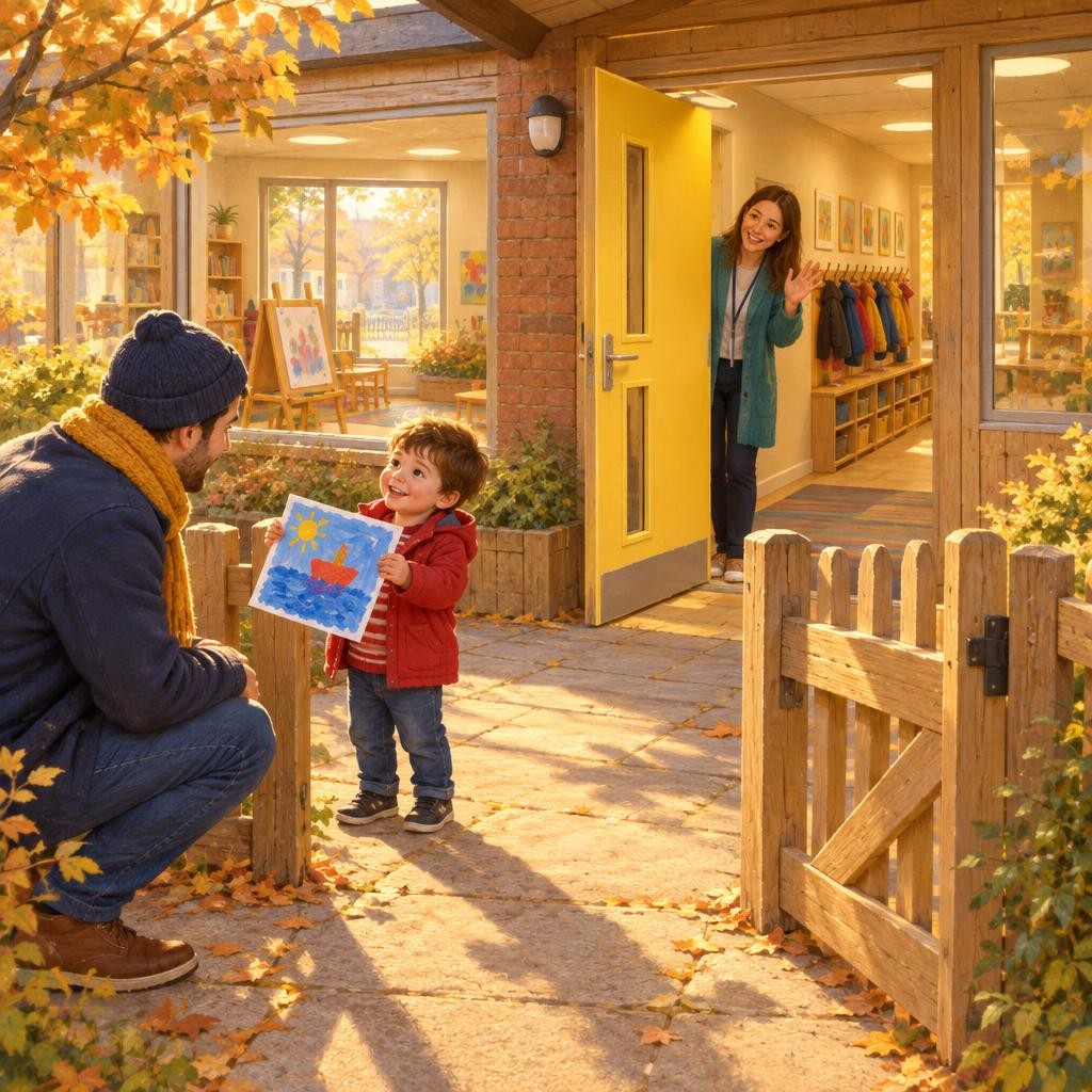 At the end of nursery, Dad usually comes back to the yellow door. I show him my painting. Then we walk home together.