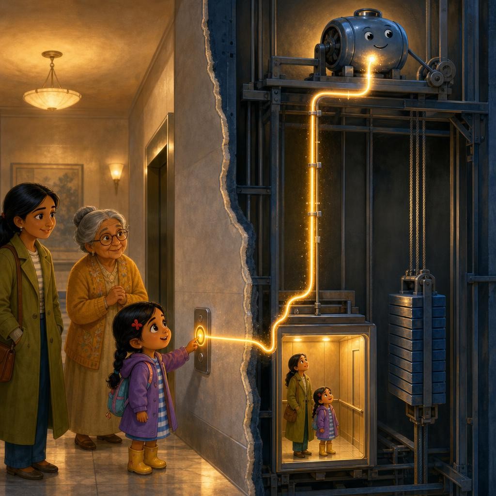 The glowing button sends a message racing up the wires to the elevator's motor room: 'Floor five, please!' The elevator isn't guessing — it was told. By you!