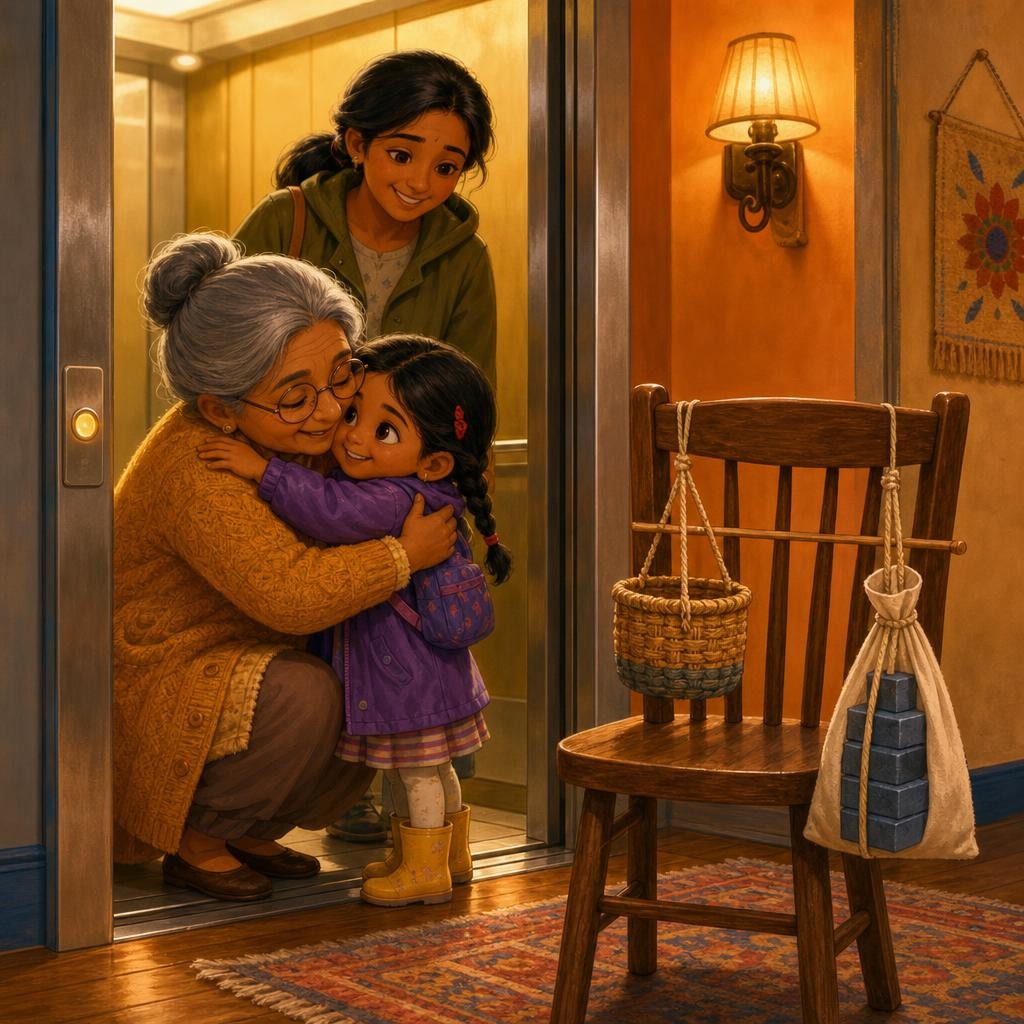 The doors open — Grandma! Try the elevator's trick at home: a small basket on a string over a chair back, a bag of blocks as the heavy helper. Pull gently — so light! The button te