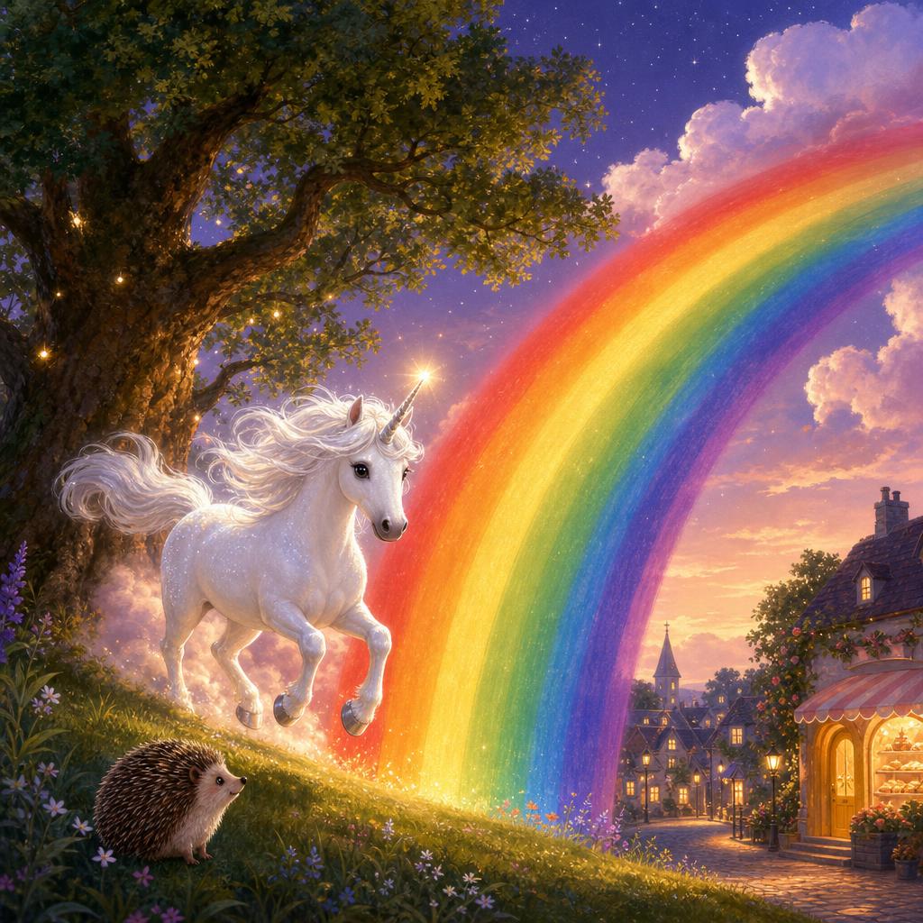 The Unicorn Appears illustration for The Unicorn Who Jumped Over the Rainbow