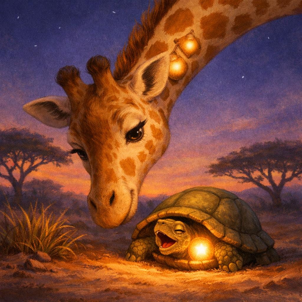 Tortoise Comes Out illustration for The Giraffe with Pocket-Sized Stars