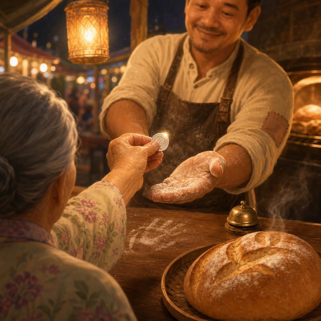 Roti Panas dan Tangan Baru illustration for Duit Syiling Perak yang Berjalan Jauh