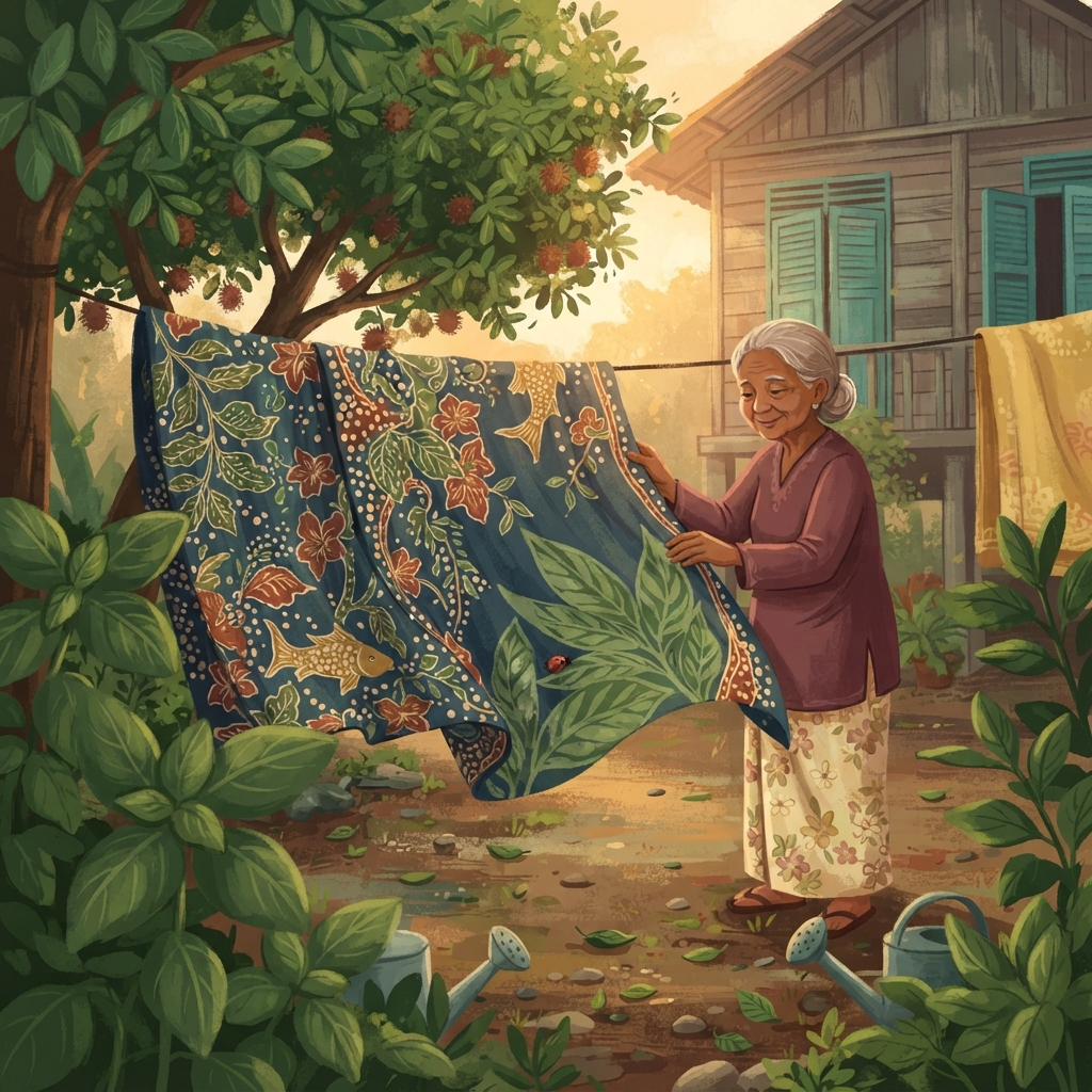 Daun hijau bergoyang. Bunga merah terbuka lebar. Kain itu teringat Nenek menyiram kebun. Lebah berdengung, pokok rambutan berdesir, dan tanah minum sampai gelap.