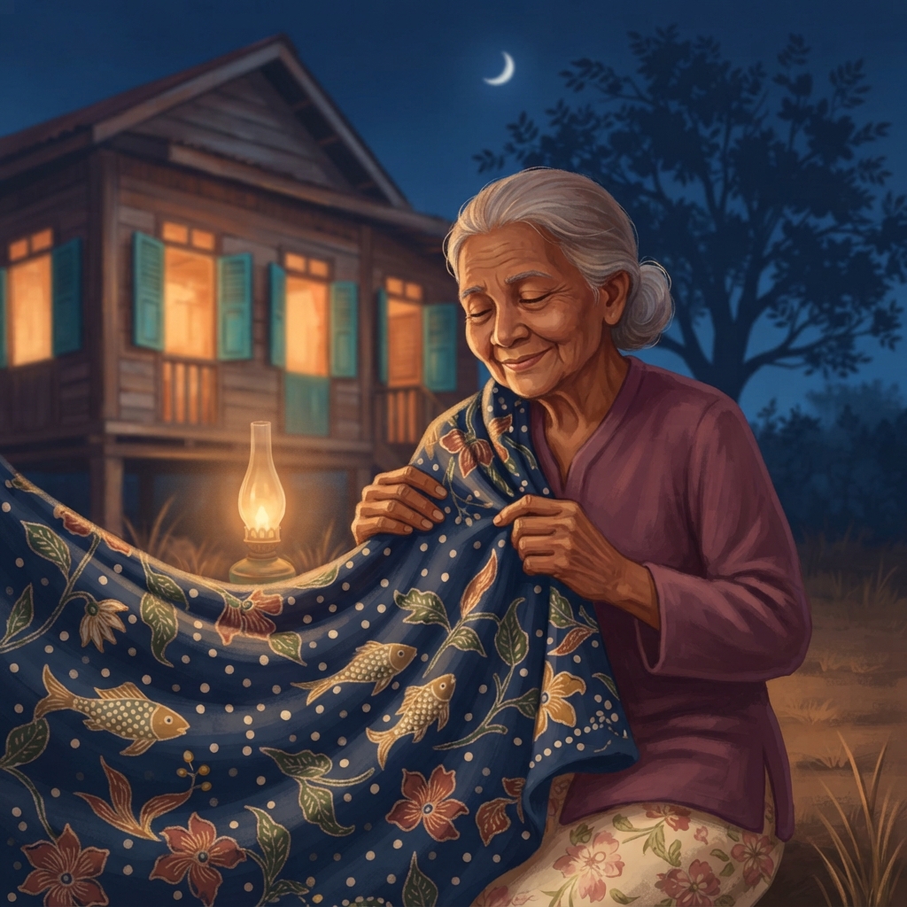 Matahari pun tenggelam. Nenek mengangkat kain yang sudah kering. Hujan, ikan, daun dan bunga—seluruh hari masih ada di situ. Nenek menyelimutkan kain batik pada bahunya. Kibas, kib