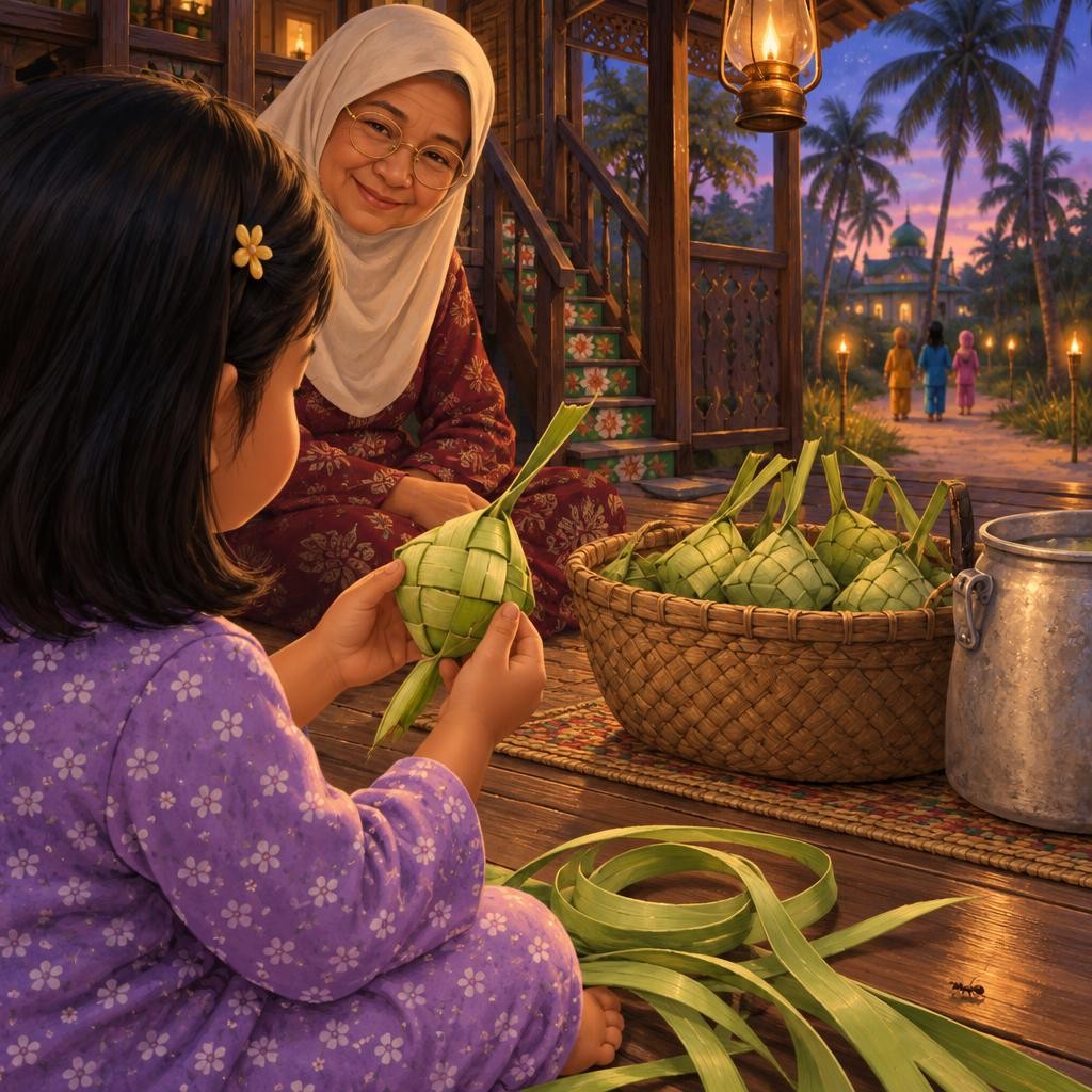 Tok Wan tunjuk perlahan-lahan. Lipat, selit, tarik. Lipat, selit, tarik. Jom kita sebut sama-sama! Jari Hana kecil, daun pula licin. Lama-lama... siap! Tapi ketupat Hana senget. Se