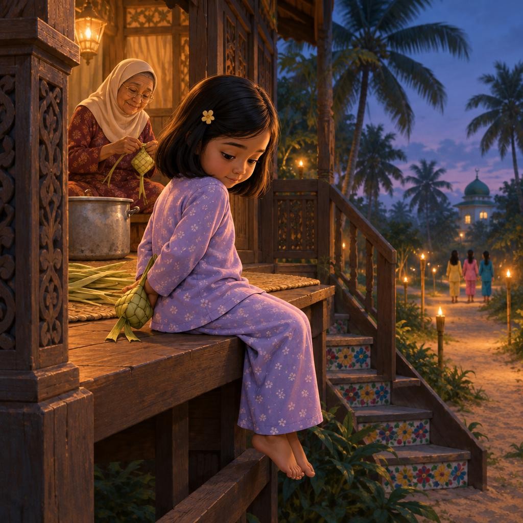 Hana pandang ketupatnya. Kemudian Hana pandang ketupat Tok Wan. Hana diam. "Tak cantik," bisik Hana dalam hati. Perlahan-lahan, Hana sorok ketupat senget itu di belakang badannya.