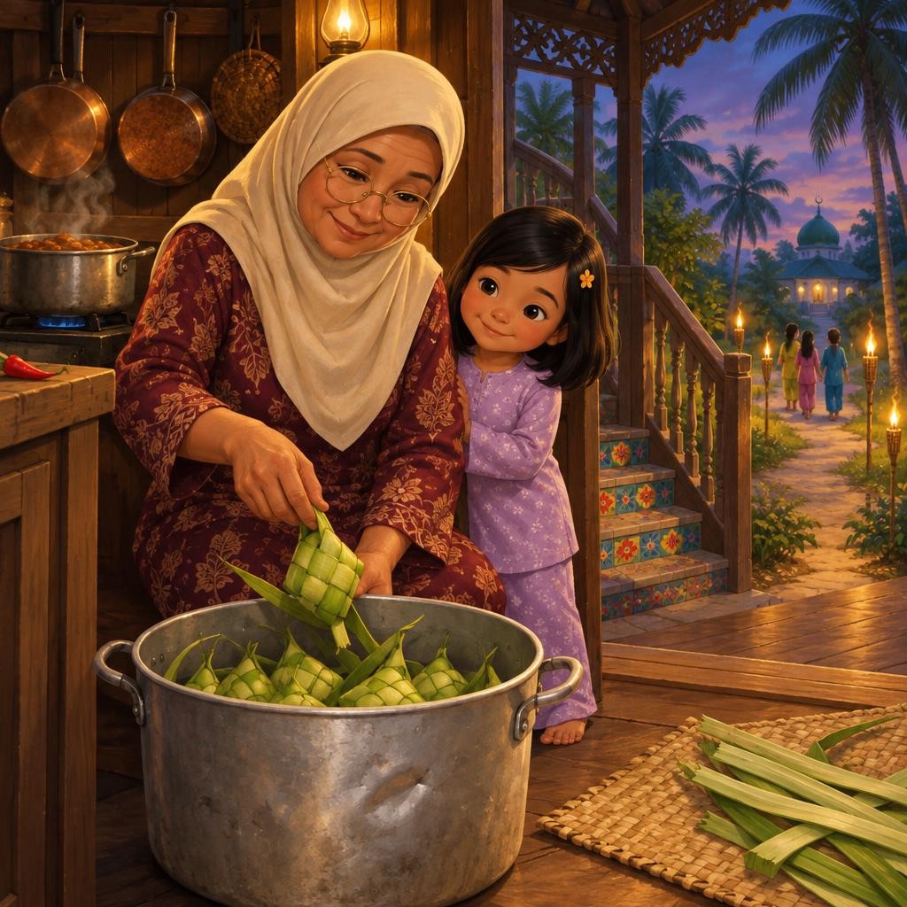 Tok Wan duduk di sebelah Hana. "Mana ketupat Hana?" Hana tunjuk malu-malu. Tok Wan ambil ketupat senget itu dengan lembut. Dia masukkan ke dalam periuk besar, bersama semua ketupat