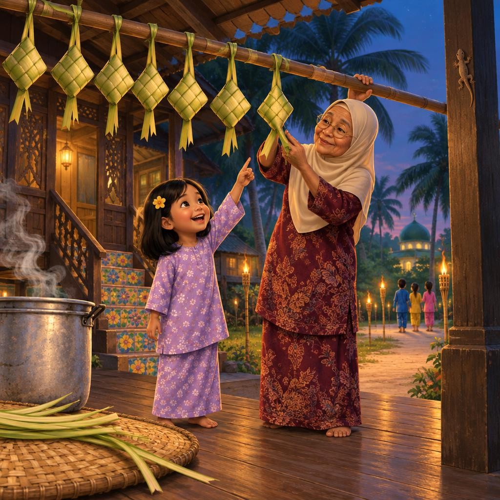 Bila ketupat sudah masak, Tok Wan angkat semuanya dan gantung berderet-deret. Hana berdiri jauh sedikit, sebab periuk masih panas. Mata Hana cari, cari, cari... "Itu dia! Itu ketup