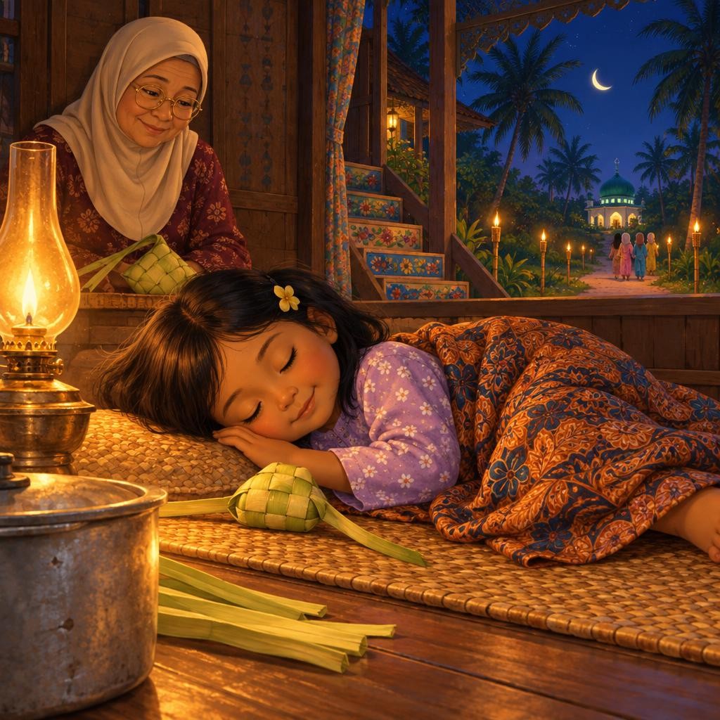 Malam makin larut. Dari surau, takbir raya berkumandang perlahan. Allahu akbar, Allahu akbar... Di luar, pelita berkelip-kelip. Seluruh rumah wangi bau rendang. Hana baring di atas