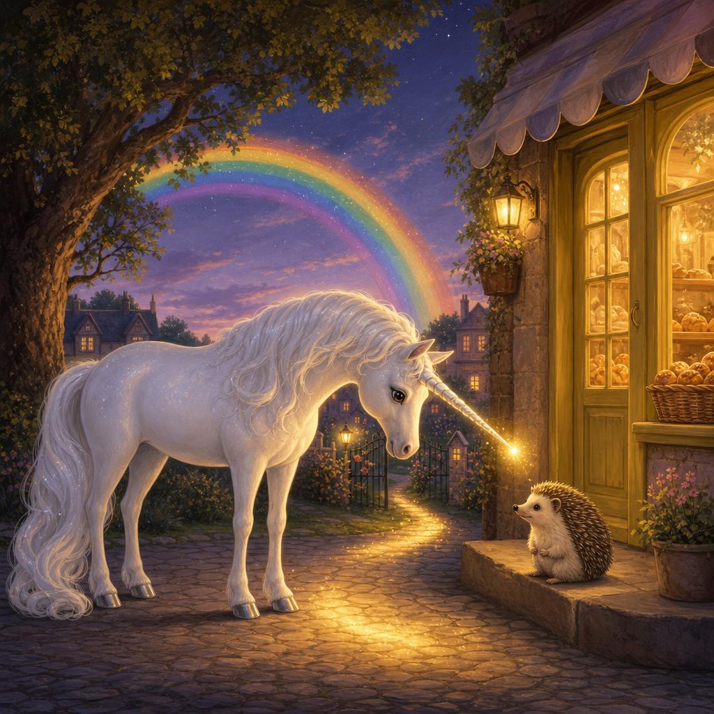 Junto a la panadería de la puerta amarilla estaba Pip, un erizo pequeñito que no encontraba el camino. La unicornia bajó su cuerno, y una luz dorada, suave como una lucecita de noc
