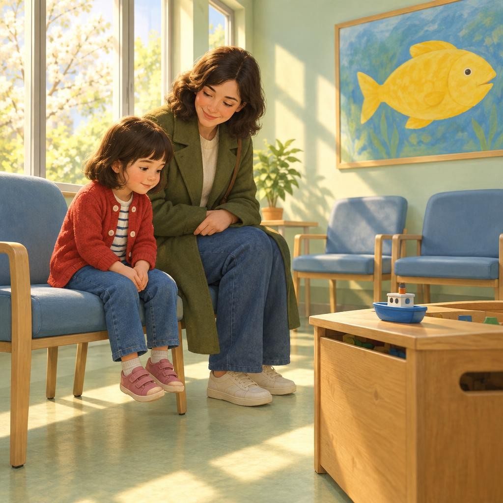My grown-up and I go to the clinic in the morning. We sit in the waiting room. There is a toy box and a yellow fish painting.